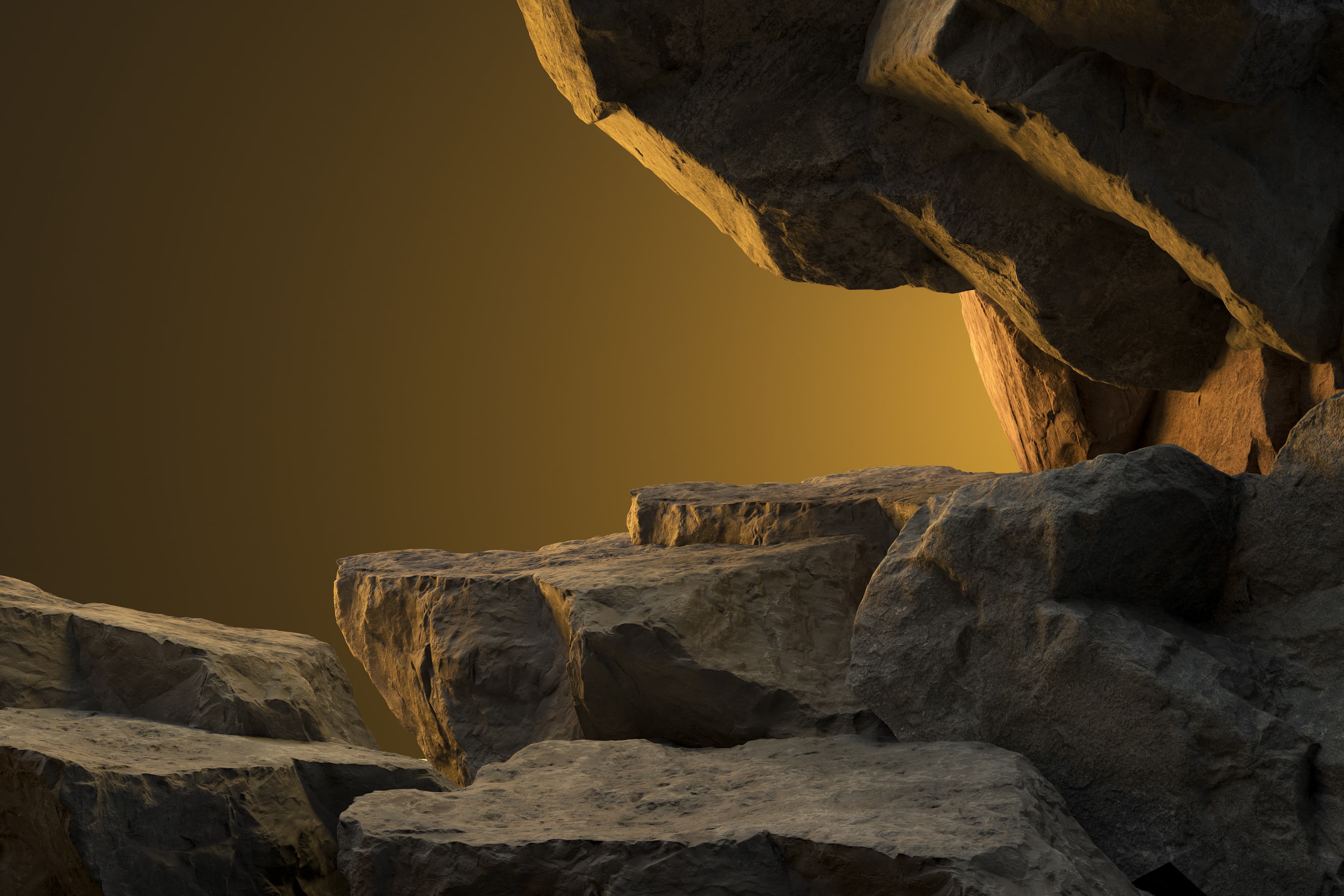 Layered stone passage lit by warm light